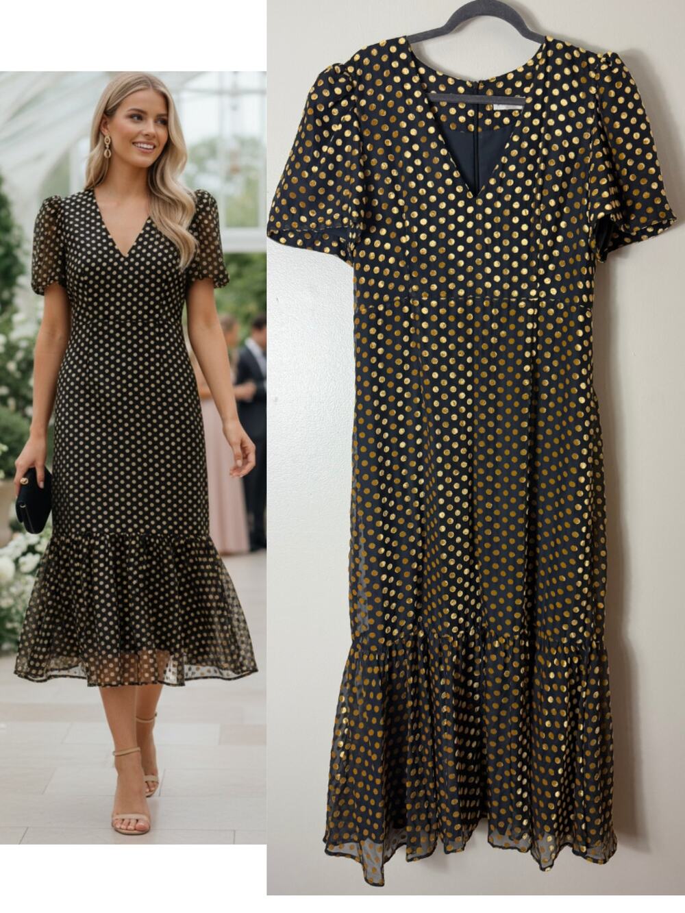 RHODE Black Gold Polka Dot Dress Fall Wedding Guest